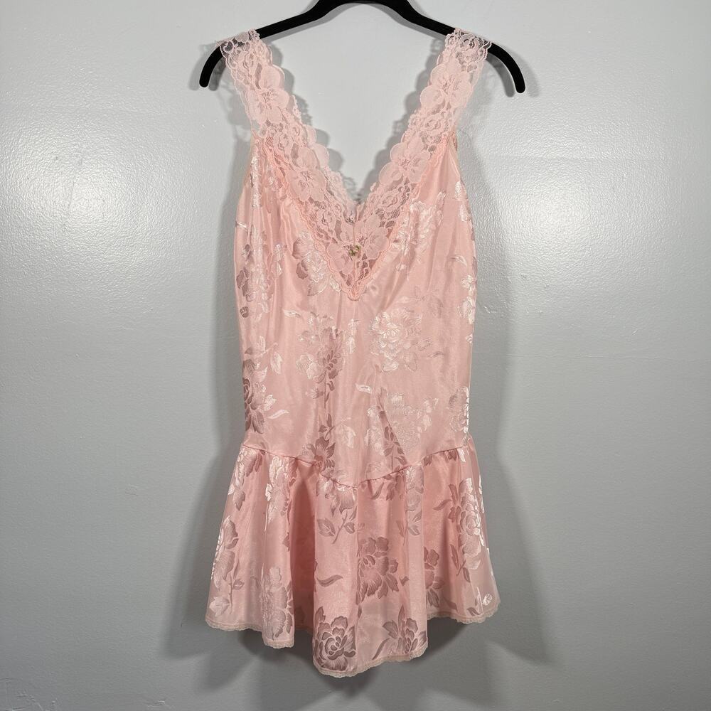 Vtg 80s Victoria’s Secret Union Made USA Chemise Dress Floral Jacquard Lace S